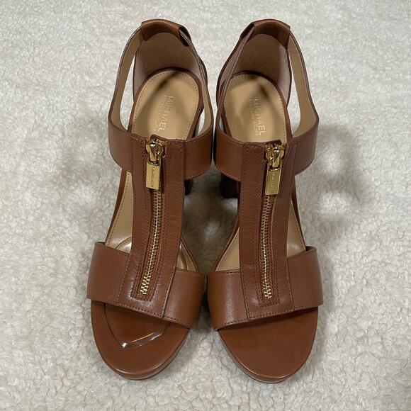 Michael Michael Kors Berkley T-Strap Sandals Heels Brown Leather Platform 10 - Picture 3 of 9